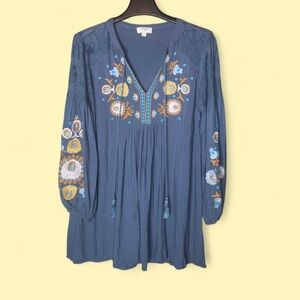 Umgee Navy Blue Embroidered Boho Mini Dress